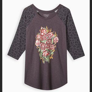 Torrid Super Soft Slub Flaming Rose Graphic Leopard Sleeve Top Plus Size 1X